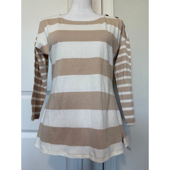 Talbots Womens Striped Long Sleeve Top Size X Small Beige White 100% Cotton NWT - Picture 1 of 8